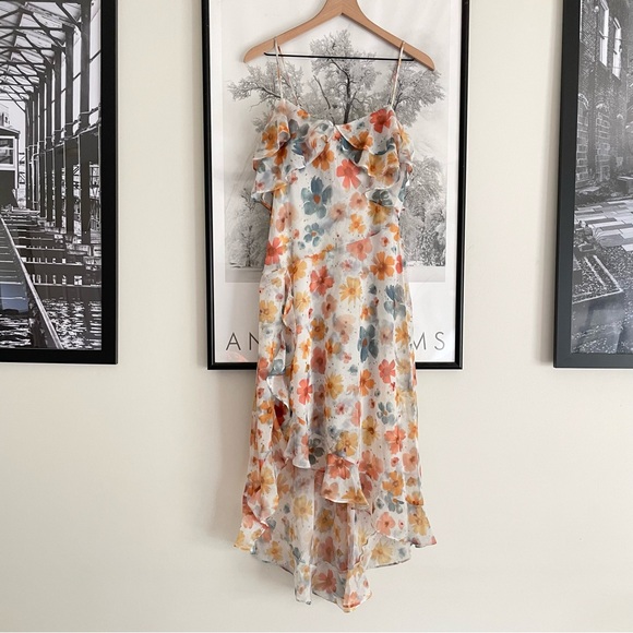 By Anthropologie Dress NWT Floral Sleeveless Asymmetric Ruffled Midi Dress Small - Picture 5 of 16